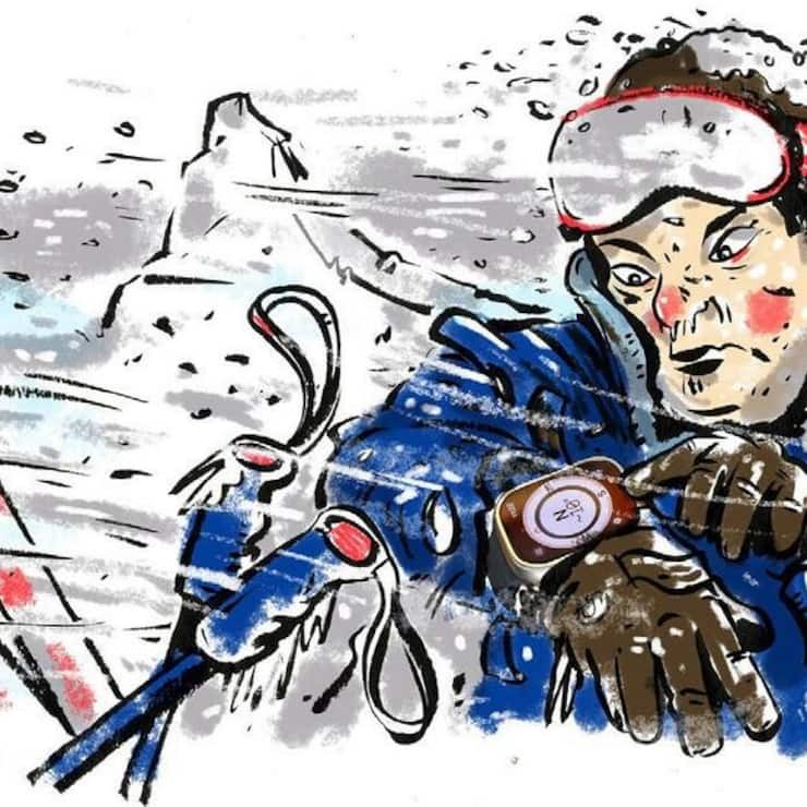 Illustration von Marc Kowalsky auf Skiern in einem Schneesturm mit der Apple Watch am Handgelenk.