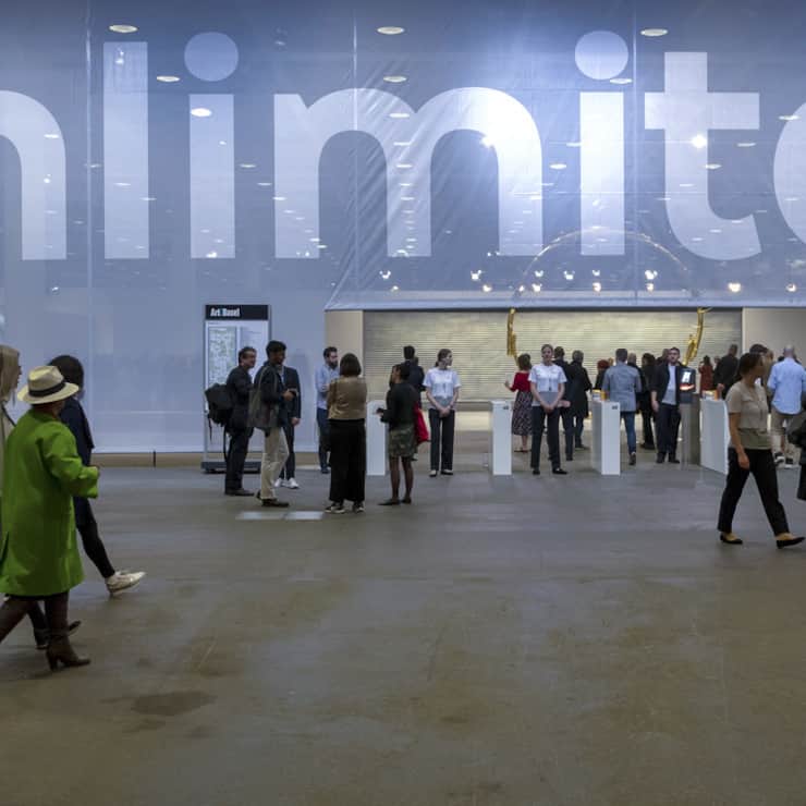 The entrance of the international art show Art Unlimited in Basel, Switzerland, on Tuesday, June 11, 2019. Unlimited is Art Basel's exhibition platform for projects that transcend the limitations of a classical art-show stand, including out-sized sculpture and paintings, video projections, large-scale installations, and live performances. (KEYSTONE/Georgios Kefalas)