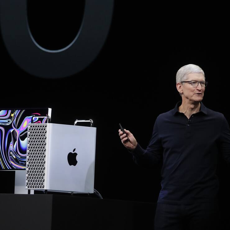 CORRECTS TO MAC PRO- Apple CEO Tim Cook speaks about the Mac Pro at the Apple Worldwide Developers Conference in San Jose, Calif., Monday, June 3, 2019. (AP Photo/Jeff Chiu)