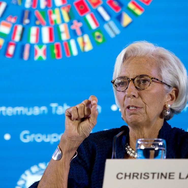 Managing Director of International Monetary Fund (IMF) Christine Lagarde talks during a press conference ahead of the annual meetings of the IMF and World Bank  in Bali, Indonesia on Thursday, Oct. 11, 2018. (AP Photo/Firdia Lisnawati)