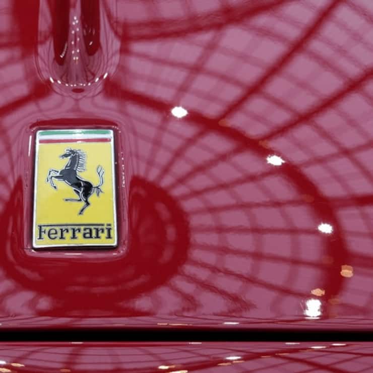 FILE - The Ferrari logo is photographed on a 1950 Oldsmobile Ferrari 166 MM Touring Barchetta displayed at the Grand Palais in Paris, Tuesday, Feb. 4, 2025. (AP Photo/Aurelien Morissard, File)