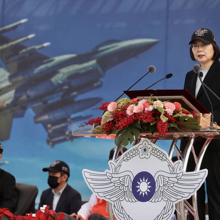 epa09588425 President Tsai Ing-wen speaks during the Taiwan Air Force F-16V commission ceremony inside the airbase of Chiayi, Taiwan, 18 November 2021. President Tsai attend the commissioning of the Air Force's first 42 F-16V upgraded fighter jets. Taiwan has purchased 66 new F-16Vs from the United States. While waiting for the arrival of the aircraft, Taiwan air force has been upgrading the electronics system of its 141 F-16A/B aircraft to F-16Vs. EPA/RITCHIE B. TONGO