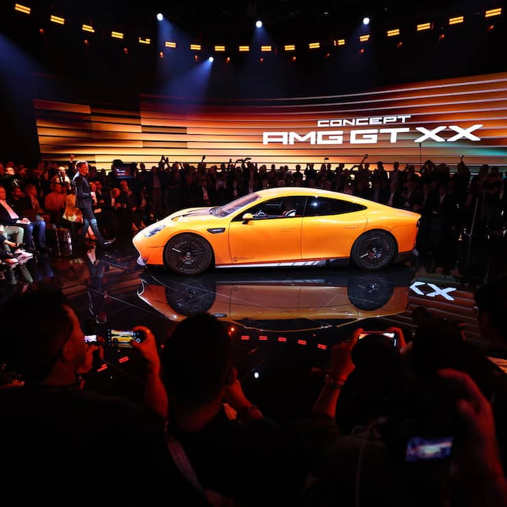 epa12360812 CEO of Development and procurement of Mercedes Markus Schaefer speaks as the Mercedes concept AMG GT XX is displayed at the world premiere of the GLC in Munich, Germany, 07 September 2025. The International Motor Show Germany IAA Mobility 2025 takes place in Munich from 09 to 14 September 2025, featuring numerous world premieres, and a special focus on electric mobility and digitization. EPA/ANNA SZILAGYI