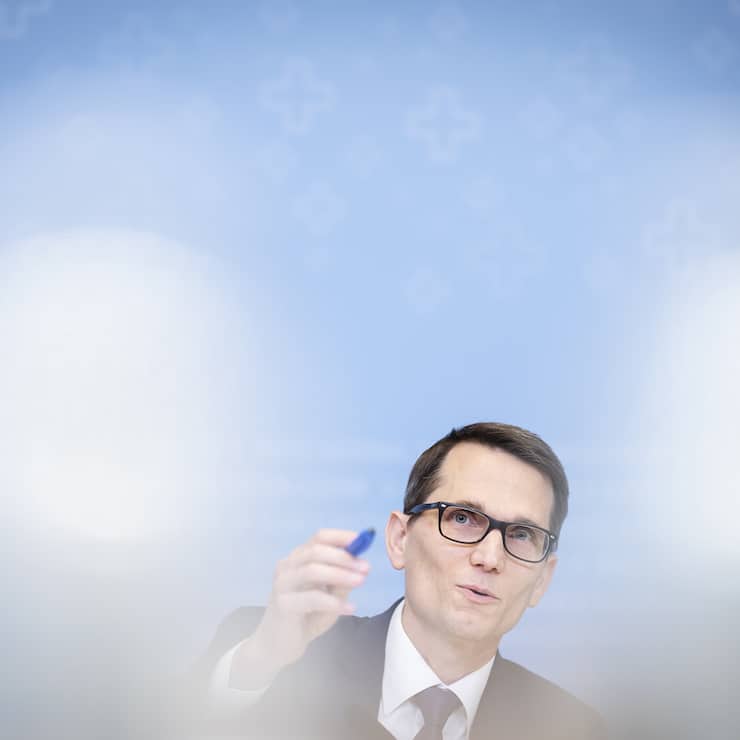 Swiss National Bank's (SNB) Chairman of the Governing Board Martin Schlegel speaks during a media briefing at the Swiss National Bank in Zurich, Switzerland, on Thursday, September 25, 2025. (KEYSTONE/Michael Buholzer)