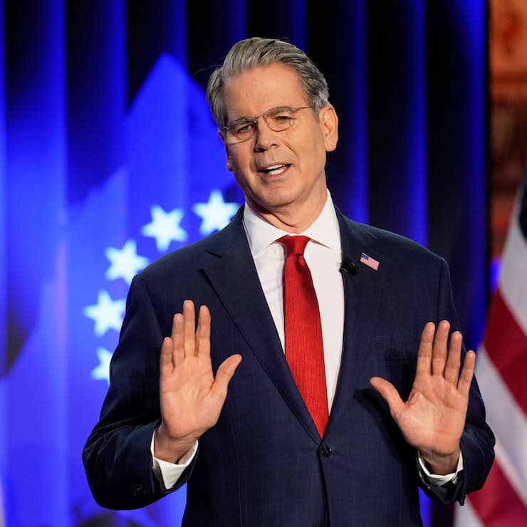 Scott Bessent, US Secretary of the Treasury, holds a speech at the USA House during the Annual Meeting of the World Economic Forum in Davos, Switzerland, Tuesday, Jan. 20, 2026. (AP Photo/Markus Schreiber)