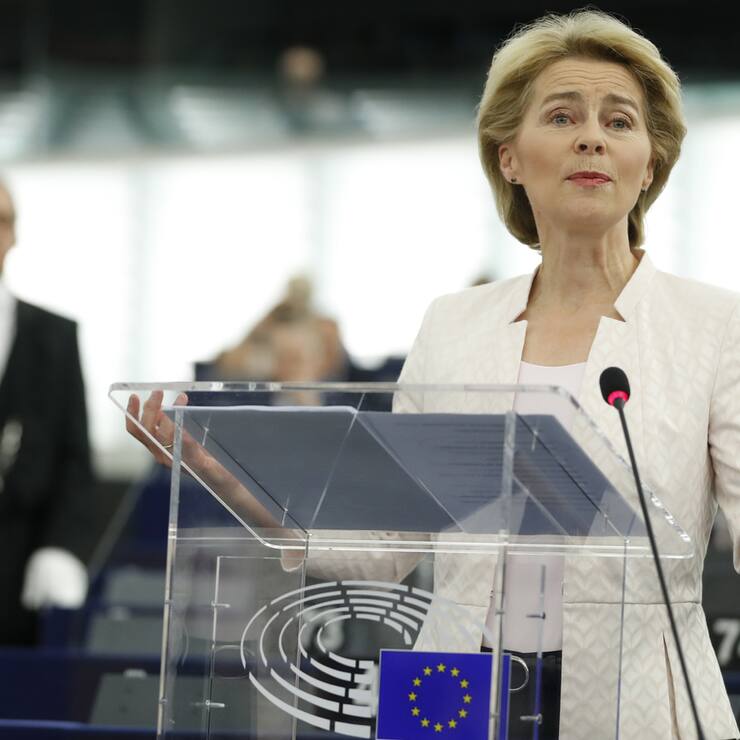 Germany's Ursula von der Leyen delivers her speech at the European Parliament in Strasbourg, eastern France, Tuesday July 16, 2019. Ursula von der Leyen outlined her vision and plans as Commission President. The vote, held by secret paper ballot, will take place later today. (AP Photo/Jean-Francois Badias)