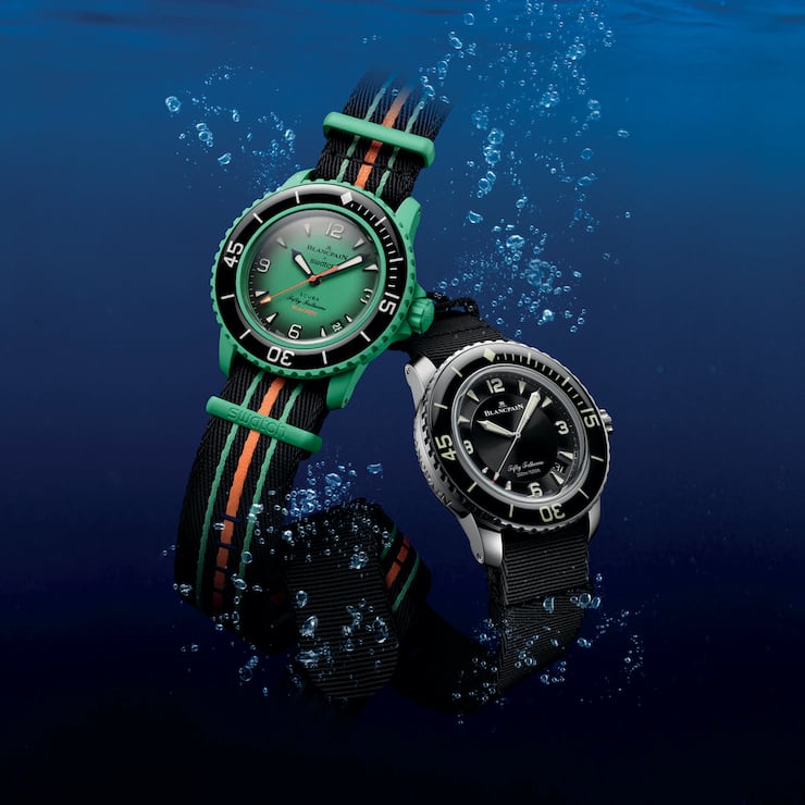 Die «Scuba Fifty Fathoms» (l.) ist eine verspielte Hommage an Blancpains Taucheruhr «Fifty Fathoms».