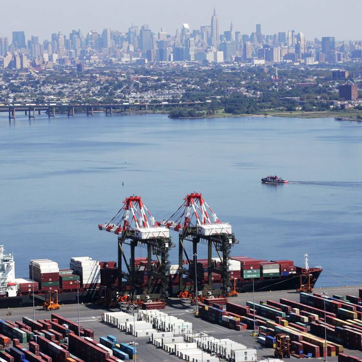A container ship is docked at Maher Terminals, Monday, Sept. 8, 2008 in Elizabeth, N.J. The New York City skyline is behind. The Commerce Department says the trade deficit rose by 5.7 percent to $62.2 billion in July, much worse than the $58 billion deficit that Wall Street expected. It pushed the gap between what America imports and what it sells abroad to the highest level since March 2007. (AP Photo/Mark Lennihan)