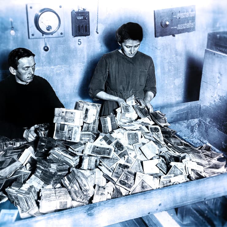 Die Vernichtungsmaschine, rechts der Spalt, wo durch Wasserdampf und mit dem Messer das Papiergeld vollstaendig zermalen wird.