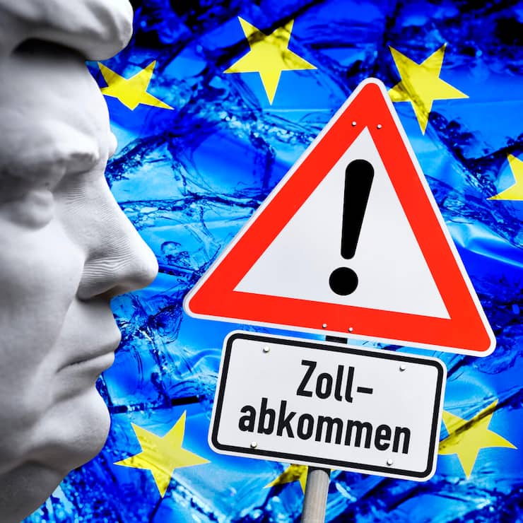 Trump-BÃ¼ste vor EU-Fahne in Scherben und Schild mit Aufschrift Zollabkommen, Fotomontage