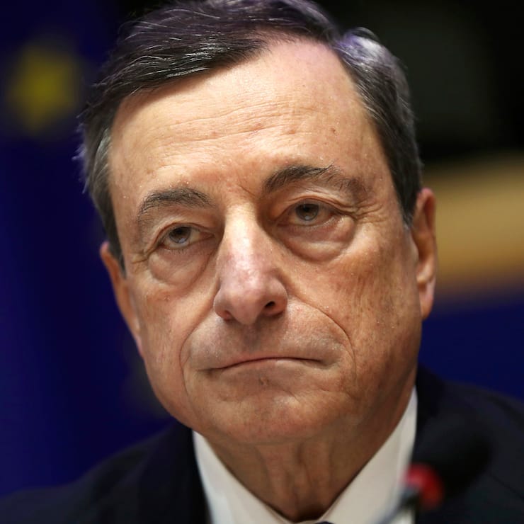 European Central Bank President Mario Draghi listens to a speech during an Economic and Monetary Affairs meeting at the European Parliament in Brussels, Monday, Nov. 26, 2018. (AP Photo/Francisco Seco)