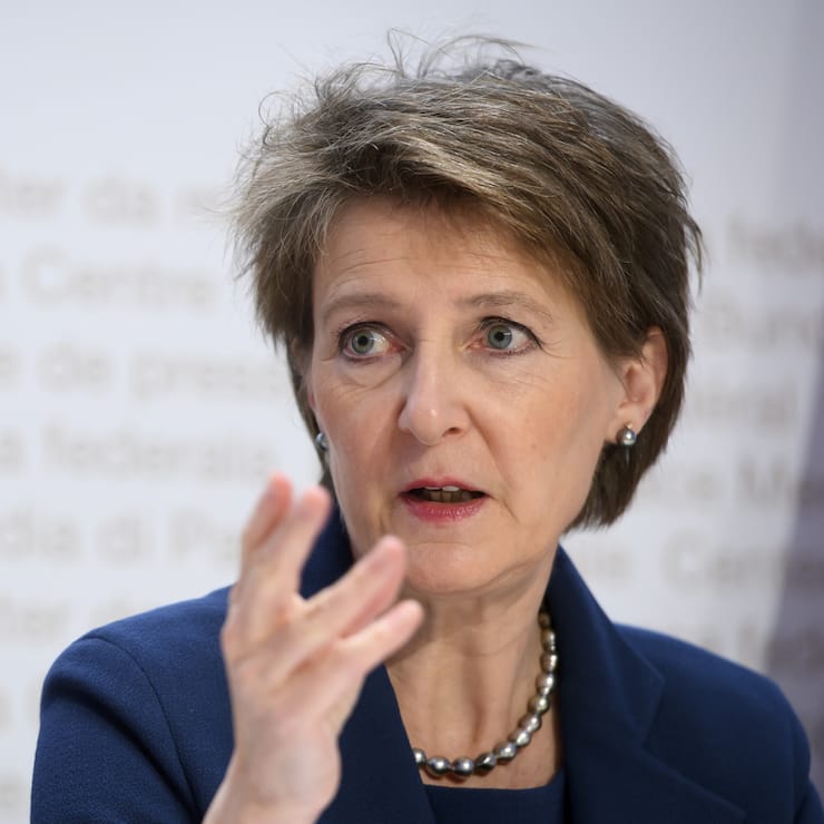Swiss Federal president Simonetta Sommaruga briefs the media about the latest measures to fight the Covid-19 Coronavirus pandemic, in Bern, Switzerland, Monday, March 16, 2020.(KEYSTONE/Anthony Anex)