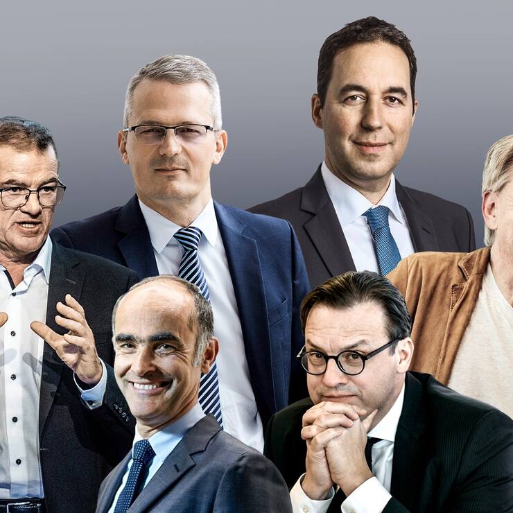 Pierre-Alain Ruffieux (Lonza), Paul Schuler (Sika), Gilles Andrier (Givaudan), Christian Mumenthaler (Swiss Re), Patrick Frost (Swiss Life), Nick Hayek (Swatch Group)