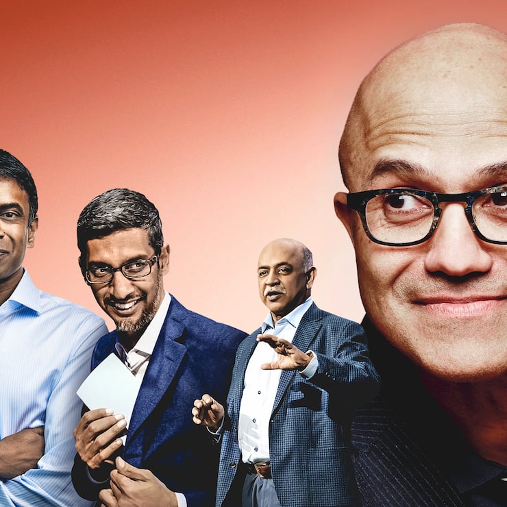 Satya Nadella ( Microsoft, oben), Vas Narasimhan (Novartis), Sundar Pichai (Google), Arvind Krishna (IBM), von links.