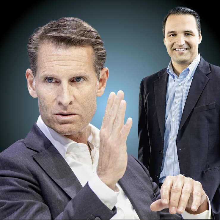 <p>Partners Group unter Präsident Steffen Meister (l.) und CEO David Layton verlor seit Februar massiv an Wert – trotz guter Zahlen.</p>