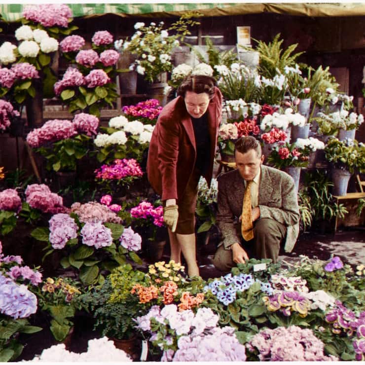 Catherine Dior and her partner Hervé des Charbonneries at the Halles flowers market in Paris, 1947 COLORIZED.tif