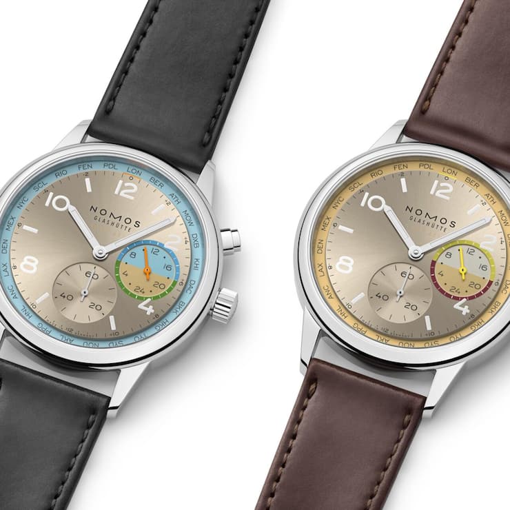 <p>Nomos erweitert seine Linie Club Sport Neomatik Worldtimer um zwei limitierte Editionen: Roam (l.) und Reverie.</p>
