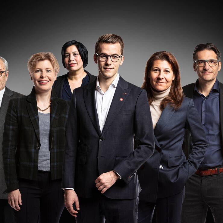 Alois Gmür, Esther Friedli, Min Li Marti, Andri Silberschmidt, Judith Bellaiche und Gerhard Andrey (v.l.).