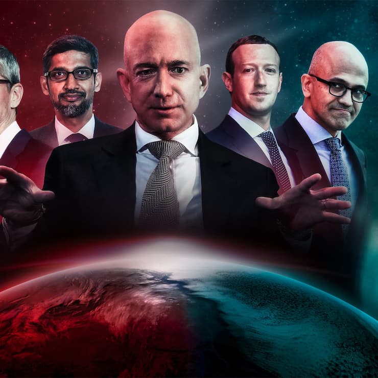 Apple-Chef Tim Cook; Alphabet- CEO Sundar Pichai; Amazon- Gründer Jeff Bezos; Facebook- Alleinherrscher Mark Zuckerberg; Microsoft-CEO Satya Nadella (v.l.).