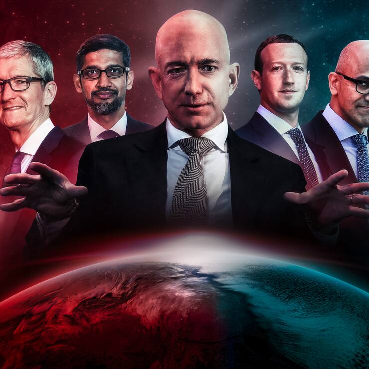 Apple-Chef Tim Cook; Alphabet- CEO Sundar Pichai; Amazon- Gründer Jeff Bezos; Facebook- Alleinherrscher Mark Zuckerberg; Microsoft-CEO Satya Nadella (v.l.).