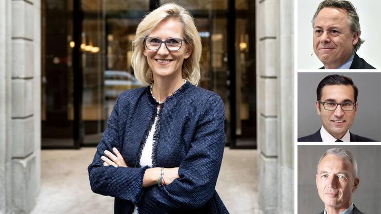 UBS-Karussell: Sabine Keller-Busse beerbt Axel Lehmann (u.) als Schweiz-Chefin, Iqbal Khan (M.) wird zusätzlich Chef der EMEA-Region – und Ralph Hamers verfolgen schlechte Nachrichten aus der Heimat.
