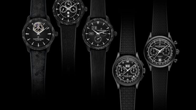 Die «Capsule Collection» von Carl F. Bucherer: Manero Tourbillon Double Peripheral Black, 58’000 Fr., Manero Peripheral Perpetual Calendar Black, 35’000 Fr.; Manero Peripheral Big Date Black, 22’000 Fr.; Heritage Bicompax Annual Black, 8600 Fr.; Manero Flyback Black, 7800 Fr. (von links).