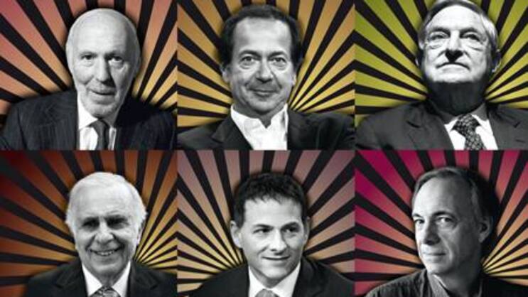 Jim Simons, John Paulson, George Soros, Ray Dalio,David Einhorn und Carl Icahn (v.l.o. im Uhrzeigersinn).