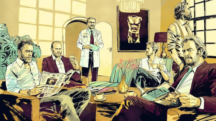 Um fit, schön und gesund zu altern, gehen auch sie mutmasslich zum Doc: Arnold Schwarzenegger, Jason Statham, Ryan Gosling, Bradley Cooper und Kevin Costner (v.l.). Mittig wartet Peter Dietz auf seinen nächsten Patienten.