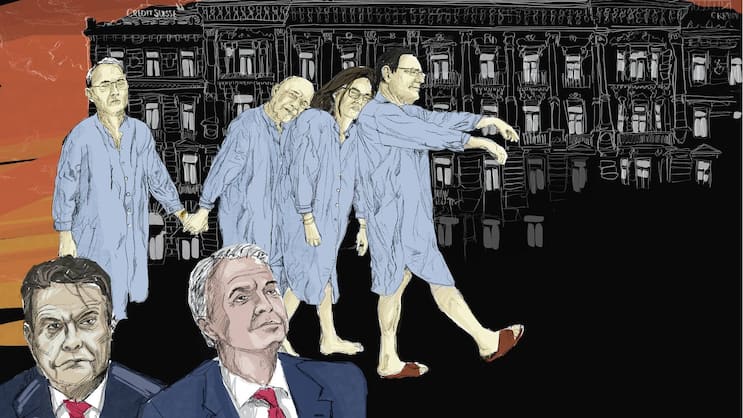 Die Krisenmanager: Prinzip Hoffnung: Axel Lehmann (CS), Ueli Maurer (Bundesrat), Marlene Amstad (Finma) und Thomas Jordan (Nationalbank; oben v.l.). Teilnehmende Beobachter: Colm Kelleher und Sergio Ermotti (UBS; unten v.l.).