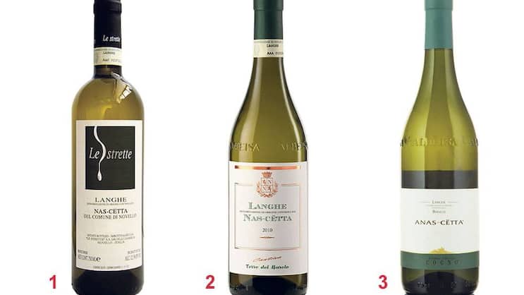 1 Nas-Cëtta aus Novello / 2 Nas-Cëtta, Cantina di Castiglione Falletto, 2010 / 3 Anas-Cëtta, Cogno, 2006