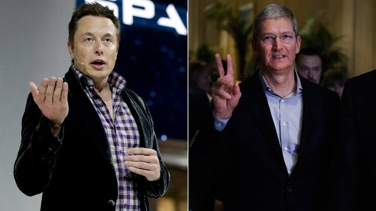 Elon Musk und Tim Cook: Die Konzernchef jagen sich gegenseitig Talente ab. Keystone/Bloomberg