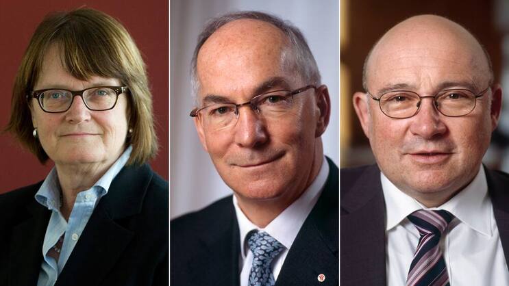 Anne Héritier Lachat und Paul Müller (m.) treten ab, Philippe Egger könnte nachrücken.Keystone