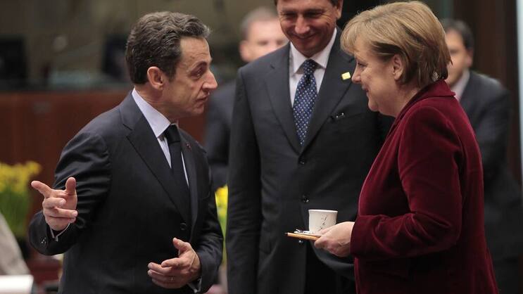 Frankreichs Präsident Sarkozy, Sloveniens Premierminister Borut Pahor, Deutschlands Kanzlerin Merkel beim Gipfel (Bild:Keystone)