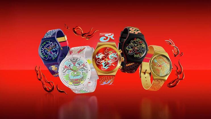 Swatch lanciert fürs chinesische neue Jahr gleich fünf Uhren mit Drachensujets.