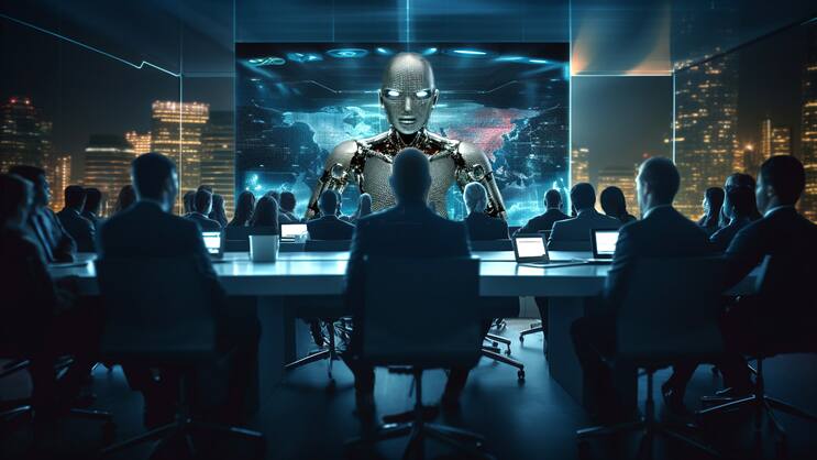 KI als Boss: Bei einer Umfrage unter 800 CEOs sagten 49 Prozent, Algorithmen könnten die meisten oder sogar alle ihrer Tätigkeiten übernehmen. Diese Illustration wurde mit Hilfe des KI-Modells Midjourney erstellt und von einem Menschen überprüft.