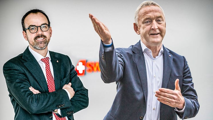 Die Chefs: Der aktuelle CEO Thomas Klühr (r.) und sein erster Nachfolge-Kandidat, der Stadtzürcher Markus Binkert, derzeit Finanzchef der Swiss. Klühr gibt auf Ende Jahr sein Amt ab.