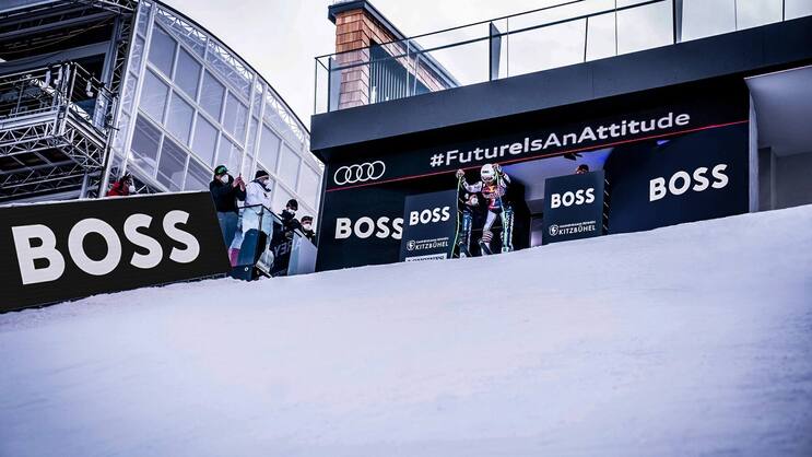 SPEKTAKULÄRE PRÄSENTATION: Das neue Markenlogo stellte Hugo Boss im Januar bei den Skirennen am Hahnenkamm in Kitzbühel vor. Dort war die Marke omnipräsent.