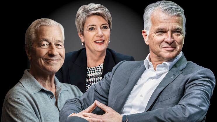 Kampf ums Eigenkapital: Jamie Dimon, Karin Keller-Sutter, Sergio Ermotti (von links).