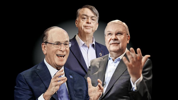 An der Macht – Aber wie lange noch? Das aktuelle WEF-Führungstrio Larry Fink (l.), André Hoffmann (o.), Alois Zwinggi.