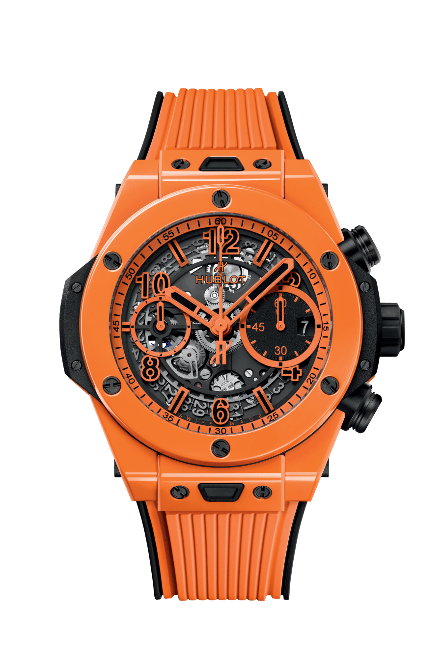 Hublot Big Bang Unico Orange Ceramic Allein die Farbe macht diesen Zeitmesser zum Hingucker: Knallorange. Das 42-mm-Gehäuse ist aus unverwüstlicher Hightech-Keramik gemacht und hochglanz­poliert. Das ebenfalls orange Band ist Hublot-typisch aus Kautschuk. 26 900 Fr.