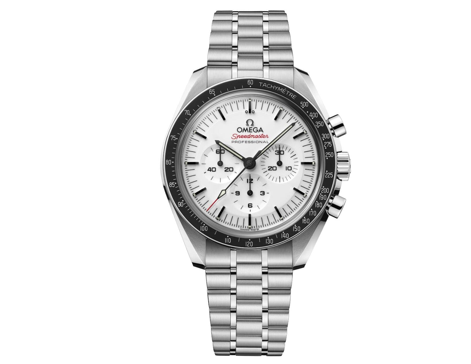 Omega Speedmaster Professional Die Moonwatch im 42-mm-Stahl­gehäuse mit weissem Zifferblatt ist das neue und bislang hellste Kapitel in der Legende ohne Ende. 7700 Fr.