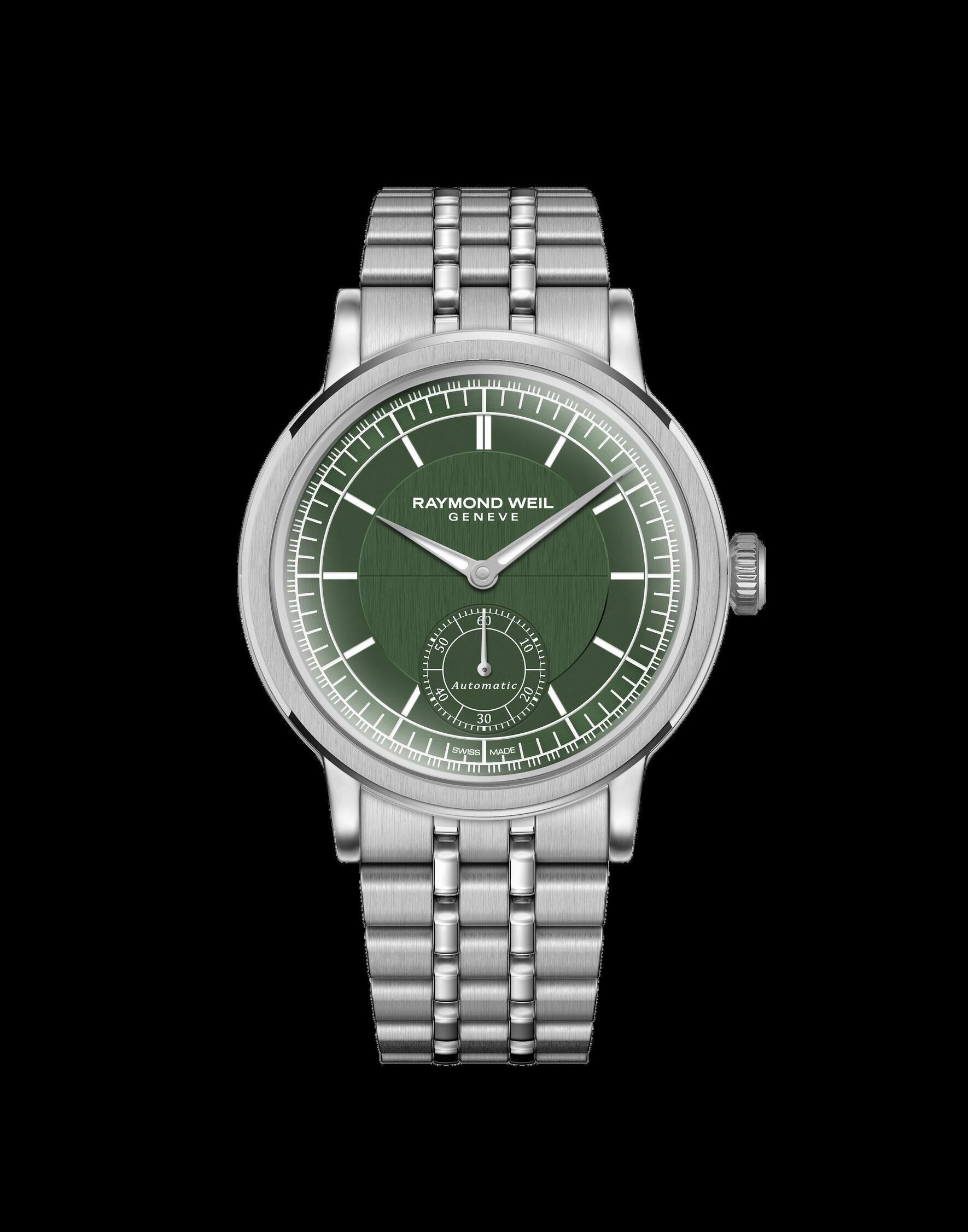 Raymond Weil Millesime Dieser Zeitmesser mit kleiner Sekunde auf dem Zifferblatt in «British Racing Green» und 39,5-mm-Stahlgehäuse widerspiegelt vom Style bis zum Preis die Uhrenmarke selbst: hochwertig und bodenständig, selbstbewusst und leise, zeitgeistig und unabhängig.  1995 Fr.