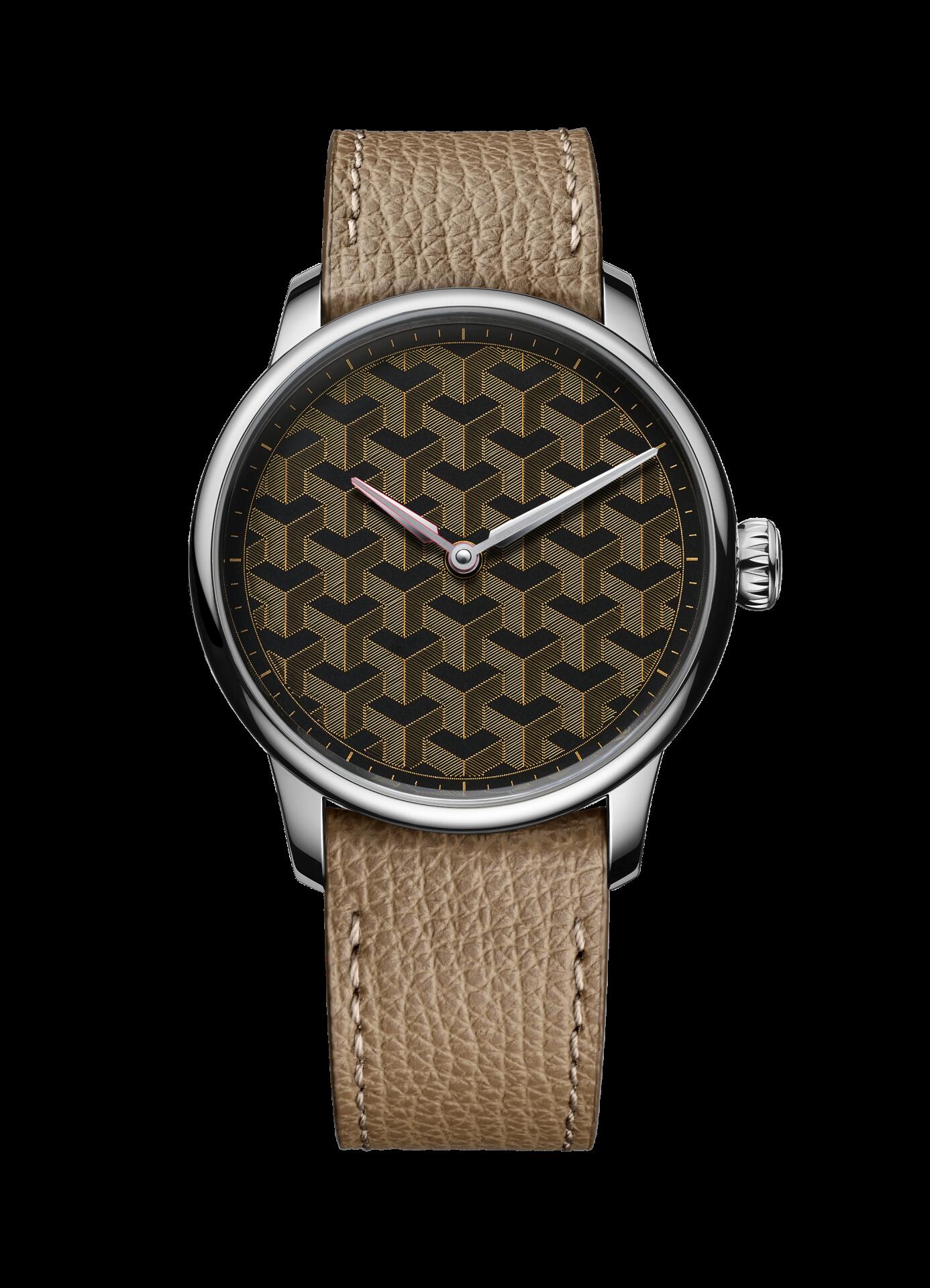 <p>Ein geometrisches Muster aus feinen Golddrähten im Stil des niederländischen Künstlers Maurits Cornelis Escher ziert das Zifferblatt der Uhr Fil d’Or von Louis Erard.</p>