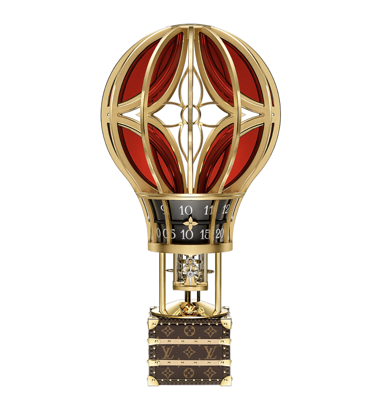 Tischuhr Montgolfière Aéro: Ein Heissluftballon transportiert den kleinsten jemals von Louis Vuitton gestalteten Koffer, in dem ein mechanisches Uhrwerk arbeitet.