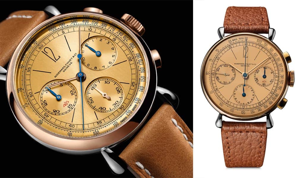 Die (Re)master01 (l., Original r.) im Stahlgehäuse, mit Lünette, Krone und Drückern aus 18-Karat-Rotgold und champagnerfarbenem Zifferblatt. Im Innern das AP-Kaliber 4409. Limitiert auf 500 Stück. 53 400 Fr.