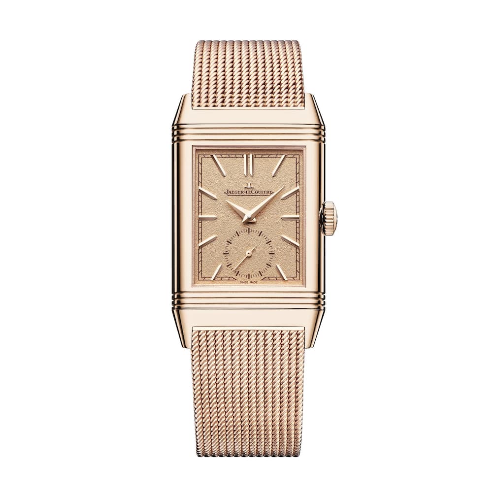 <p>Reverso Tribute Monoface Small Seconds mit Milanese-Armband in Rotgold, Handaufzug, 37’800 Franken.</p>