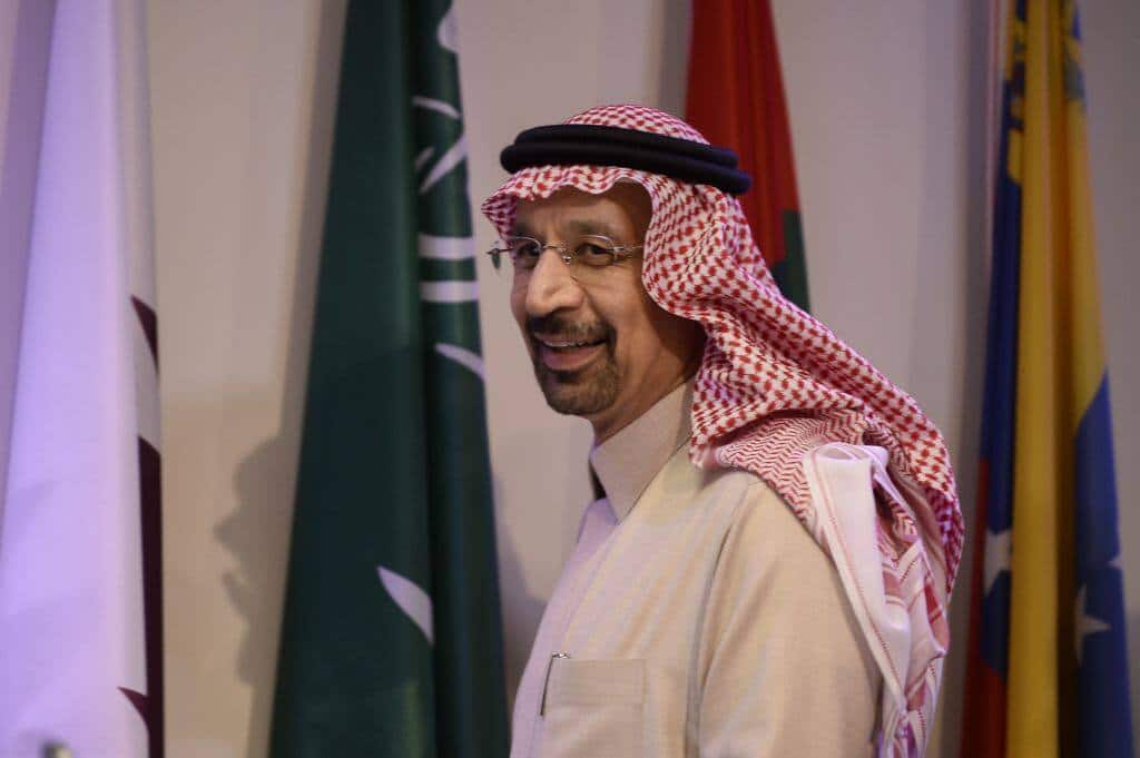 VIENNA, AUSTRIA - NOVEMBER 30: Saudi Arabia's Minister of Energy, Industry and Mineral Resources, Khalid Al-Falih, Russia Energy Minister Alexander Novak (not seen), Secretary General of OPEC, Mohammed Barkindo (not seen) hold a press conference during the 173rd Ordinary Meeting of the Organization of Petroleum Exporting Countries (OPEC), in Vienna, Austria on November 30, 2017. (Photo by Omar Marques/Anadolu Agency/Getty Images)