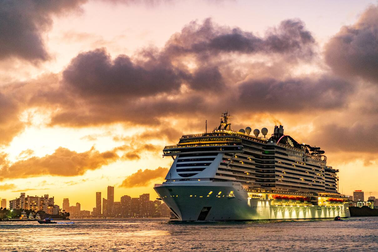 MSC Seaside cruise ship voyage. Cruise in summer vacation. MSC cruises cruise line. Cruise ship tour and travel at sea. Illuminated ship at night