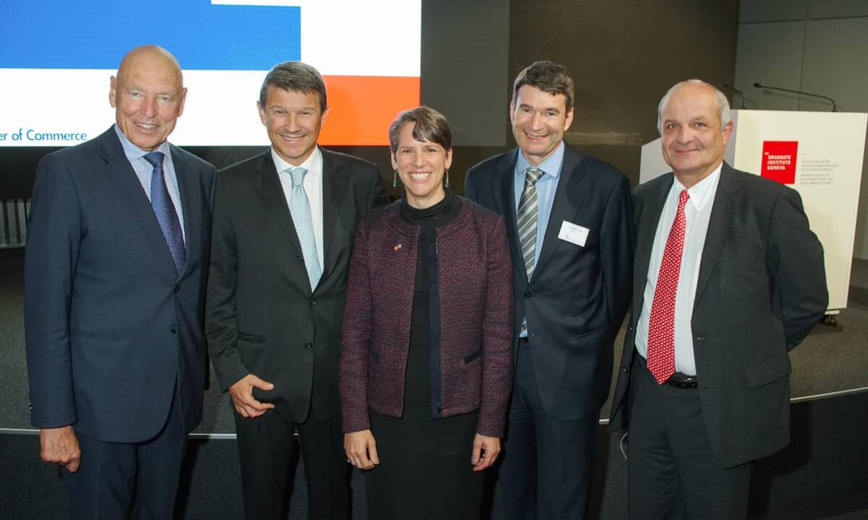 Peter Brabeck-Letmathe, VRP Nestlé, Patrick Firmenich, Preisträger Gallatin Award; Suzi LeVine, Botschafterin der USA in der Schweiz; Dominique Graz, Group Vice President & CEO, Firmenich; Martin Naville, CEO, Swiss-American Chamber of Commerce