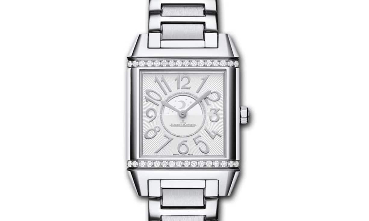 Die Uhr, die sich anpasst: Jaeger-LeCoultre Squadra Lady Duetto; auf der Abendseite mit Diamanten auf dem Edelstahlgehäuse, auf der Tagseite ohne – oder umgekehrt.